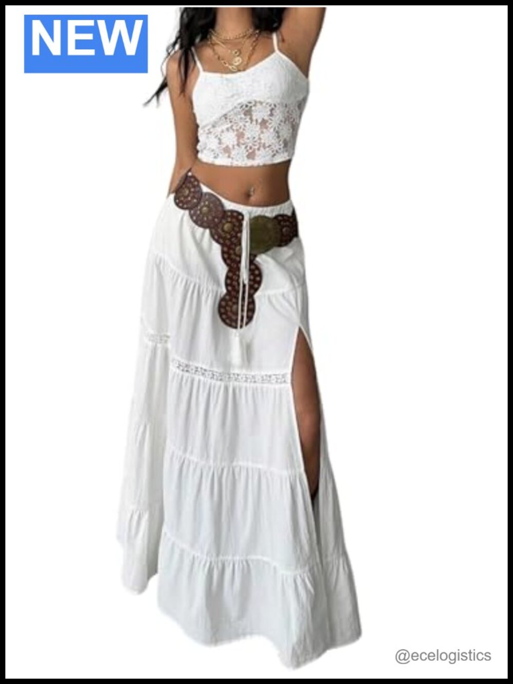 Maxi Skirt Split Layered Ruffle Bohemian Western Cowgirl Long Skirt
